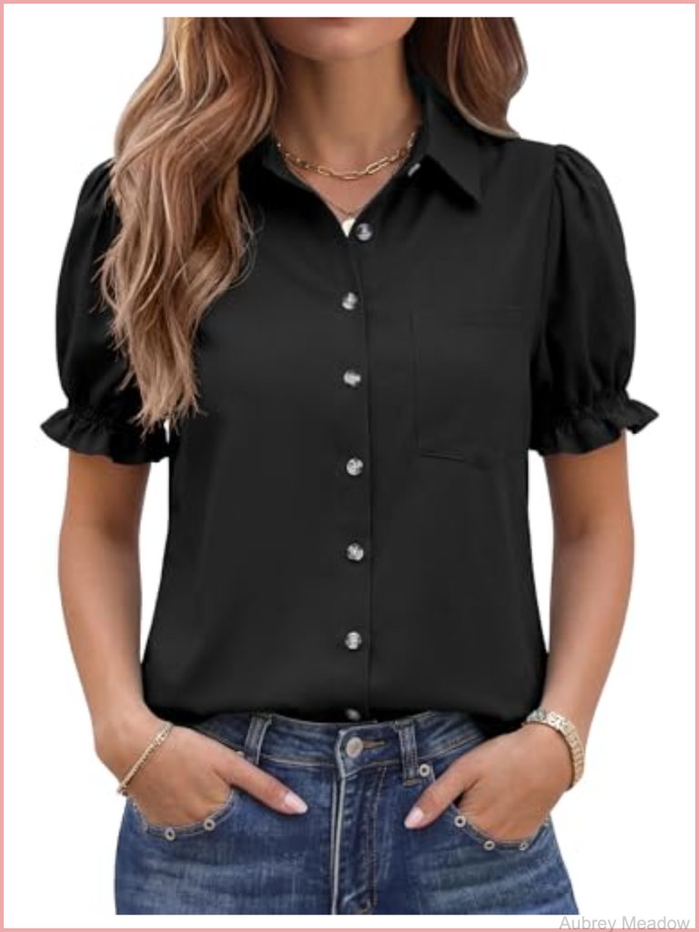 Linen Blend Puff Sleeve Button Down Blouse Women Casual Work Top